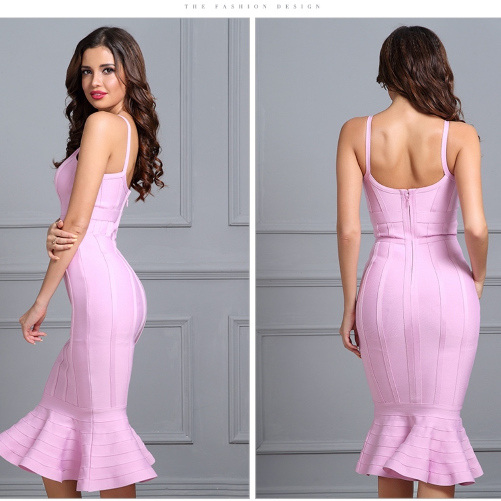 Bandage V-Neck Midi Mermaid Dress in Lilac Pink - Picture 5 of 12